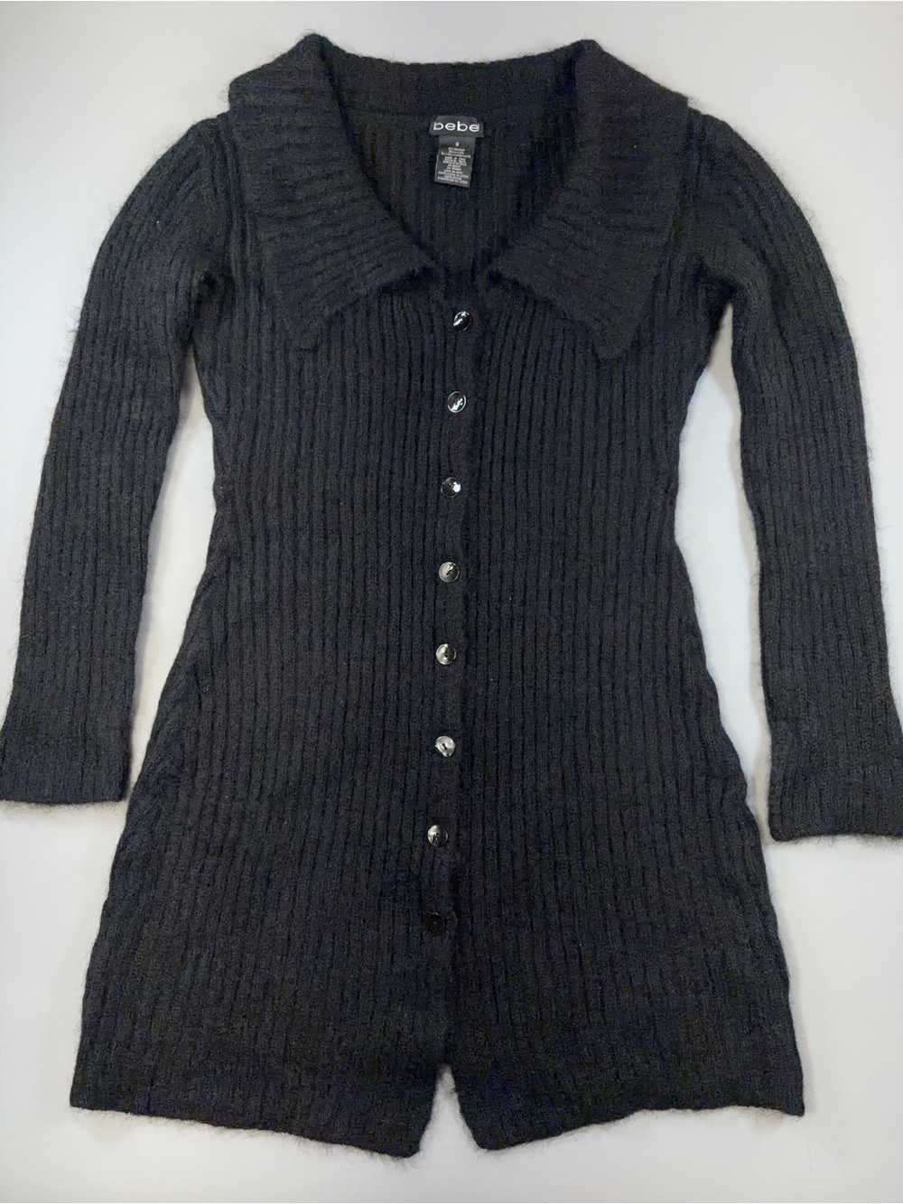 Vintage Y2K bebe Mohair Wool Blend Longline Ribbed Cardigan Sweater Coat Size S